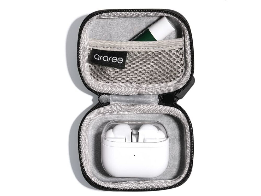 Etui Araree Carrying Case Small widok z gory, etui na bialym tle, material i warstwy ochronne, wysciolka, rysowanie, obudowa, solidnosc, spokoj, trwalosc