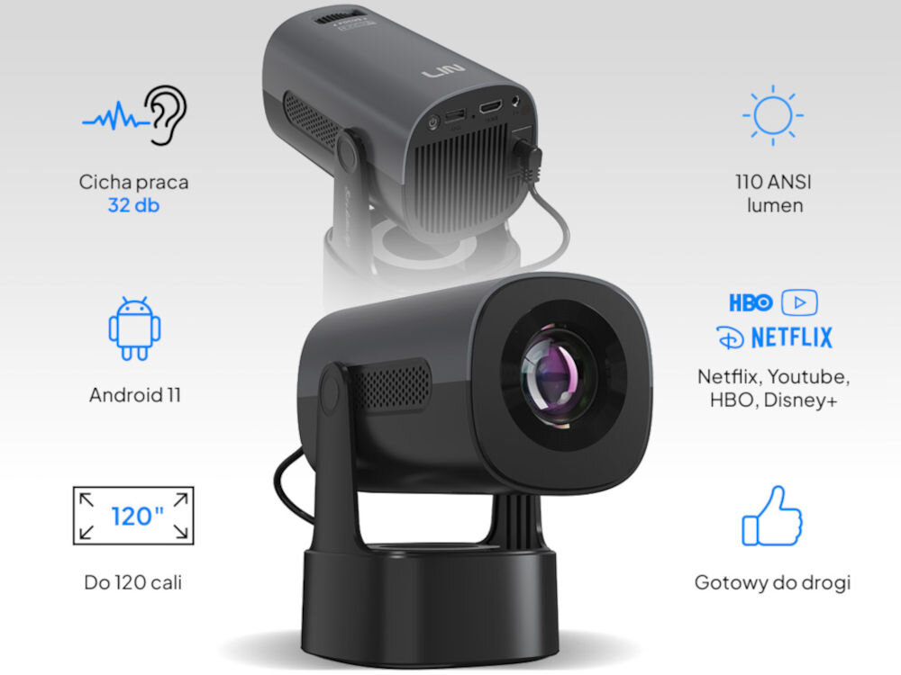 Projektor LIN Smart Travel One LP-K220 (1280x720), 110 ANSI lumen, Wi-Fi, Bluetooth, Wbudowana bateria android 11 obsługa wifi youtube netflix jakosć 4k
