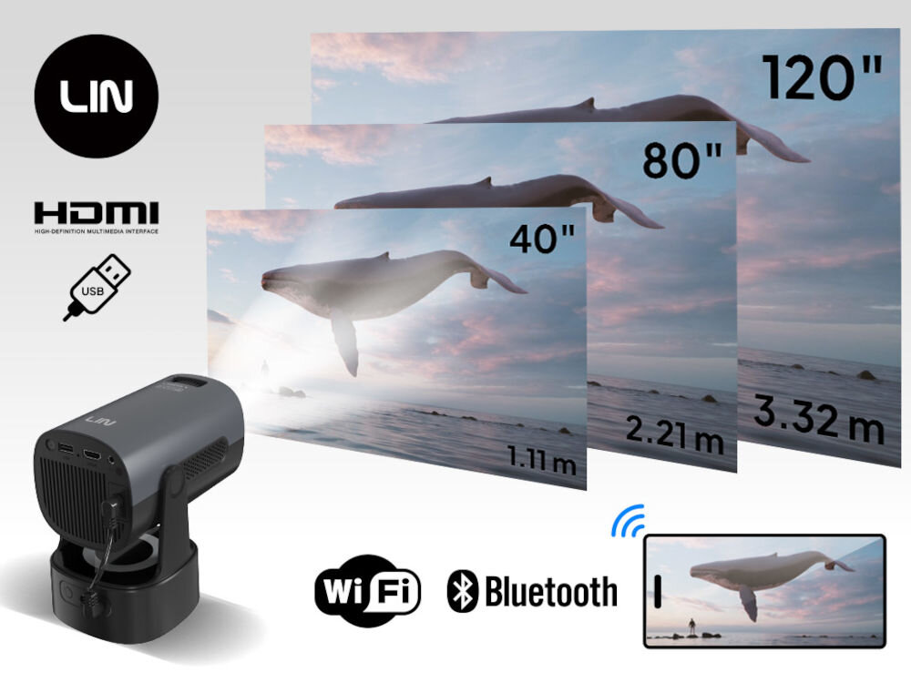 Projektor LIN Smart Travel One LP-K220 (1280x720), 110 ANSI lumen, Wi-Fi, Bluetooth, Wbudowana bateria obraz do 120 cali dopasowanie obrazu odległość od projektora