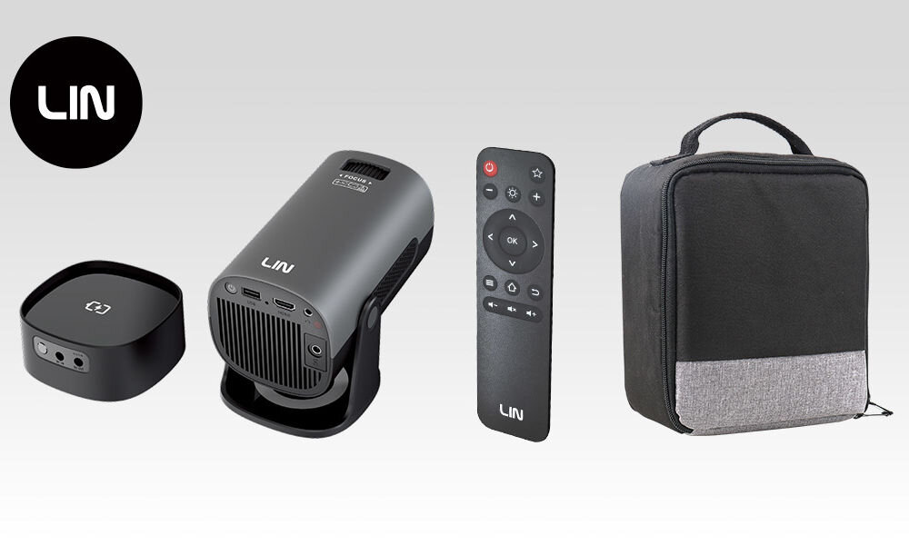 Projektor LIN Smart Travel One LP-K220 (1280x720), 110 ANSI lumen, Wi-Fi, Bluetooth, Wbudowana bateria zestaw zawartość opakowania zasilacz pilot bateria torba