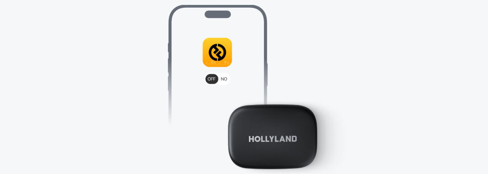 System bezprzewodowy HOLLYLAND Lark A1 Mini Duo USB-C Szary wizualizacja telefonu i ikony aplikacji na niej z napisami obok etui zestawu jasne tło aplikacja LarkSound lampka kontrolna dostosowanie działania mikrofonu