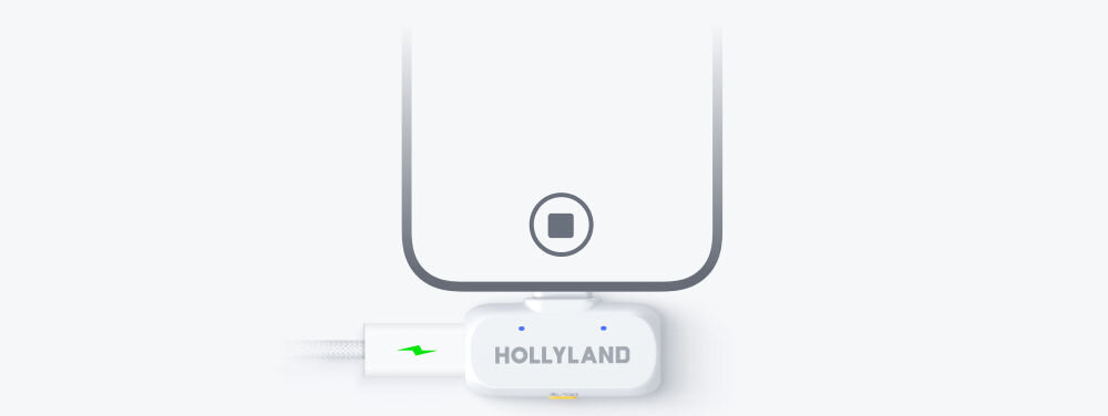System bezprzewodowy HOLLYLAND Lark A1 Mini Duo USB-C Szary wizualizacja podłączonego urządzenia do telefonu oraz podpięty kabel jasne tło boczny port RX jednoczesne ładowanie telefonu i korzystanie ciągłość pracy bez przerw