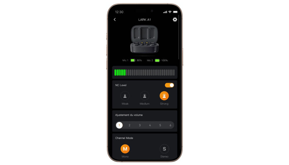 System bezprzewodowy HOLLYLAND Lark A1 Mini Duo USB-C Szary aplikacja LarkSound dostosowanie mikrofonu poprzez sześć poziomów wzmocnienia kontrola nad jakością nagrania