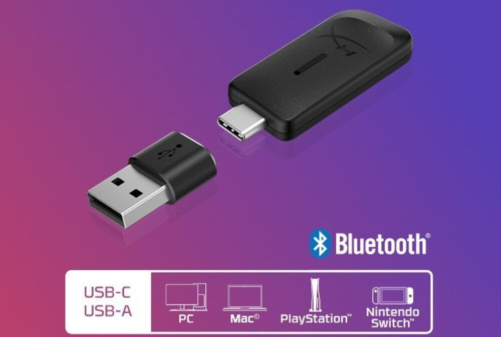 Słuchawki HYPERX Cloud III S kompatybilność PC PS5 PS4 Switch Mac USB-A USB-C, adapter na czerwono niebieskim tle