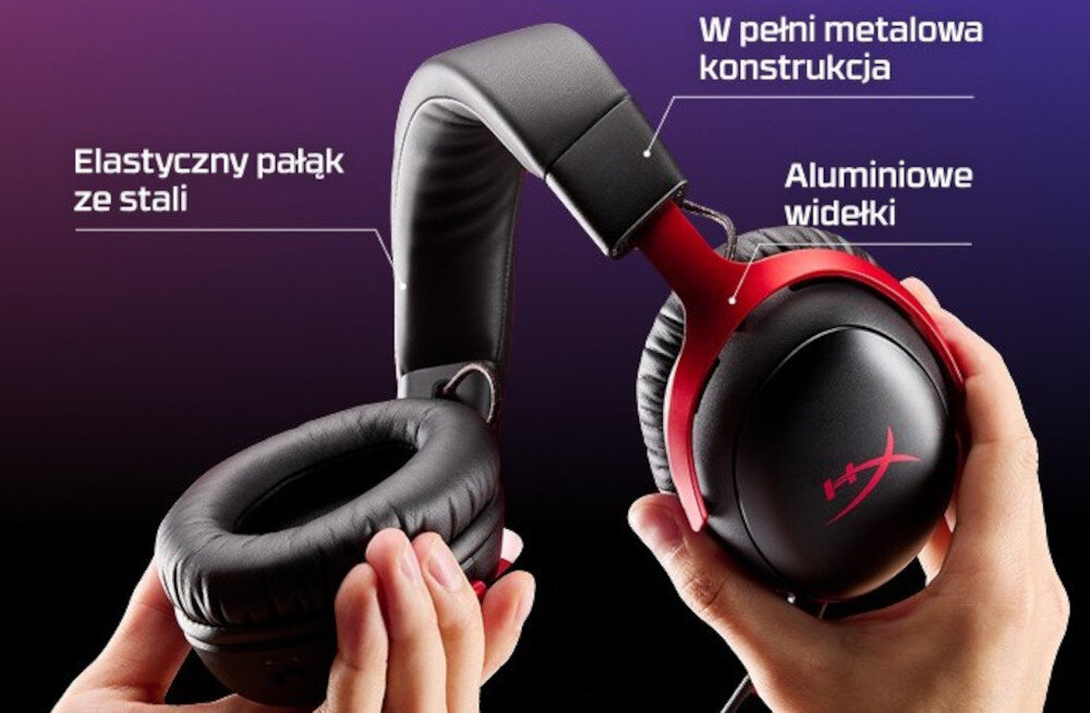 Słuchawki HYPERX Cloud III S aluminiowy pałąk wytrzymałość trwałość konstrukcja gamingowam, ręce trzymające słuchawki gamingowe