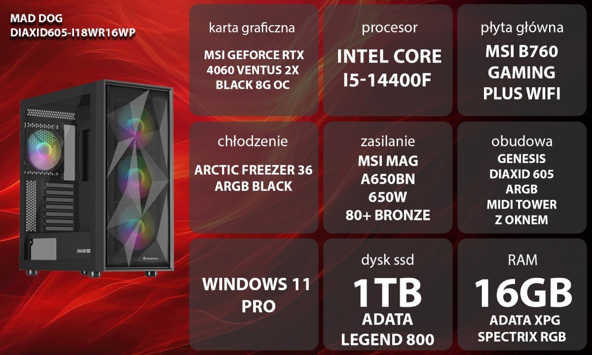 Komputer MAD DOG DIAXID605-I18WR16WP Kobieta w słuchawkach grająca na komputerze stacjonarnym. Siedzi przy biurku z podświetlaną klawiaturą i monitorem, w tle niebiesko-żółte oświetlenie i regał, opis