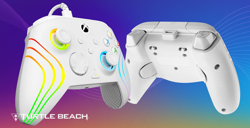 Kontroler TURTLE BEACH Afterglow Wave Biały prezentacja kontrolera od przodu i od tyłu na kolorowym tle