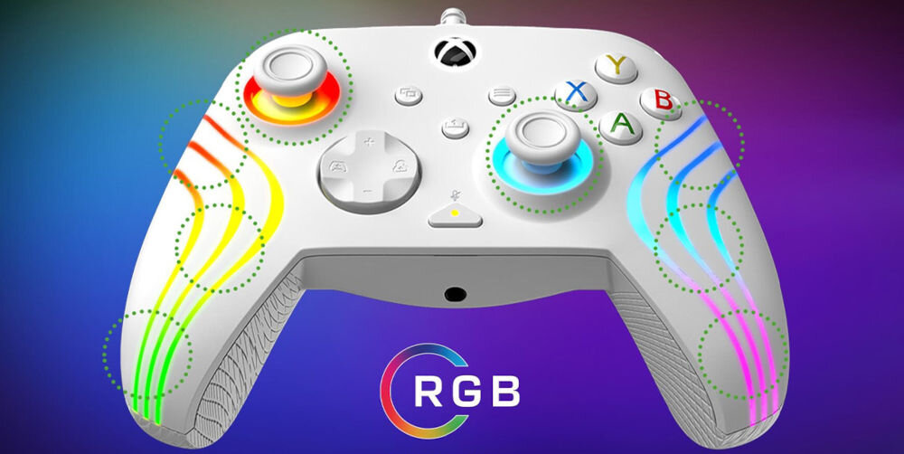 Kontroler TURTLE BEACH Afterglow Wave Biały prezentacja pada od przodu na kolorowym tle zaznaczone podświetlenia napis RGB na dole podświetlenie RGB dostosuj do własnych preferencji ergonomiczny kształt komfort wspiera swobodę ruchu funkcjonalność estetyka