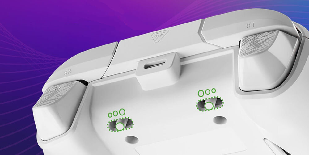 Kontroler TURTLE BEACH Afterglow Wave Biały zbliżenie na tył kontrolera kolorowe tło zmiana czułości 3-stopniowa regulacja z efektem Halla dopasowanie do stylu modyfikacje za pomocą aplikacji Control Hub