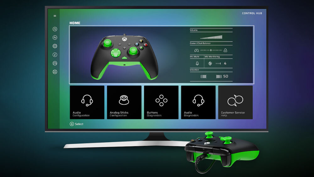 Kontroler TURTLE BEACH Rematch Core Czarno-zielony prezentacja aplikacji Control Hub na monitorze obok leżący pad ciemne tło personalizacja ustawień konsole Xbox i PC dostosowanie działania przycisków czułości drążków wbudowany system diagnostyczny dba o prawidłowe działanie