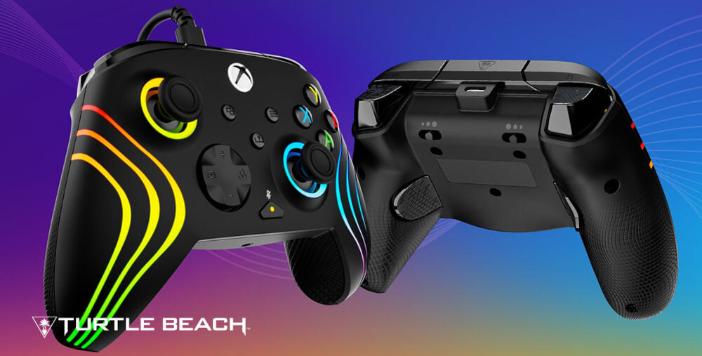 Kontroler TURTLE BEACH Afterglow Wave Czarny prezentacja kontrolera od przodu i od tyłu na kolorowym tle