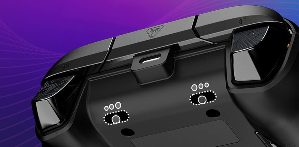 Kontroler TURTLE BEACH Afterglow Wave Czarny zbliżenie na tył kontrolera kolorowe tło zmiana czułości 3-stopniowa regulacja z efektem Halla dopasowanie do stylu modyfikacje za pomocą aplikacji Control Hub