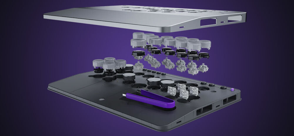 Kontroler TURTLE BEACH Xbox Series Victrix Pro Fight Stick Szary prezentacja wnętrza kontrolera na fioletowym 16 mapowalnych przycisków klawisze Cherry MX Speed Silver aluminiowa pokrywa górna konfiguracja układu szybkie i dokładne reakcje