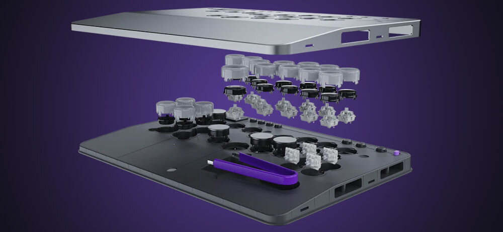 Kontroler TURTLE BEACH PS Victrix Pro Fight Stick Szary prezentacja wnętrza kontrolera na fioletowym 16 mapowalnych przycisków klawisze Cherry MX Speed Silver aluminiowa pokrywa górna konfiguracja układu tryby działania przełączanie między PlayStation® i PC