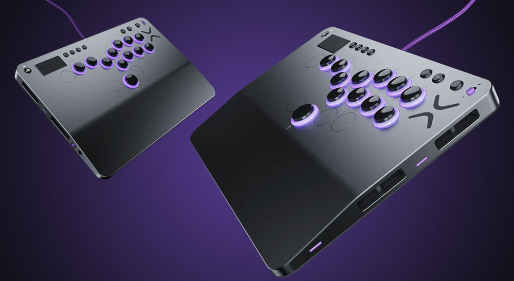 Kontroler TURTLE BEACH PS Victrix Pro Fight Stick Szary prezentacja kontrolera od przodu pod kątami na fioletowym tle z podłączonym kablem podświetlenie RGB z pierścieniami świetlnymi aplikacja Victrix Control Hub wyróżnij się