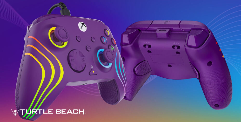 Kontroler TURTLE BEACH Afterglow Wave Fioletowy prezentacja kontrolera od przodu i od tyłu na kolorowym tle