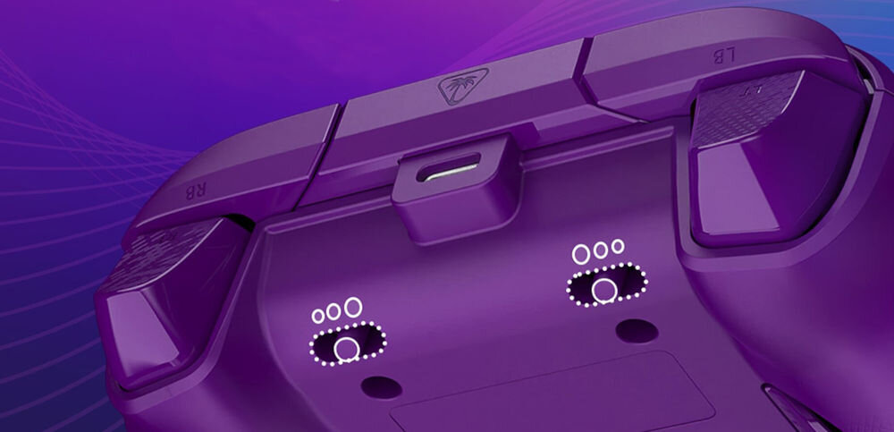 Kontroler TURTLE BEACH Afterglow Wave Fioletowy zbliżenie na tył kontrolera kolorowe tło zmiana czułości 3-stopniowa regulacja z efektem Halla dopasowanie do stylu modyfikacje za pomocą aplikacji Control Hub