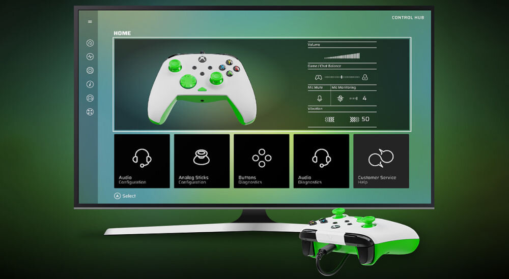 Kontroler TURTLE BEACH Rematch Core Biało-zielony prezentacja aplikacji Control Hub na monitorze obok leżący pad zielone tło personalizacja ustawień konsole Xbox i PC dostosowanie działania przycisków czułości drążków wbudowany system diagnostyczny dba o prawidłowe działanie