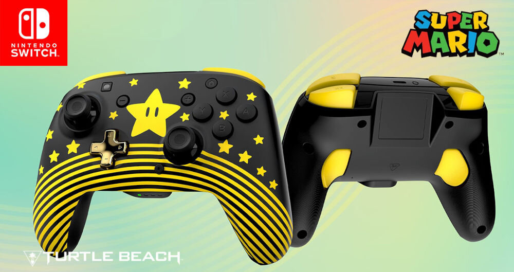Kontroler TURTLE BEACH Nintendo Switch Rematch Super Mario Star Czarno-żółty prezentacja kontrolera od przodu i od tyłu zielone tło napis z nazwą firmy