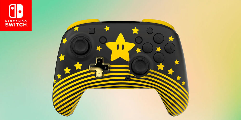 Kontroler TURTLE BEACH Nintendo Switch Rematch Super Mario Star Czarno-żółty prezentacja pada od przodu na kolorowym tle stworzony przez doświadczonych specjalistów wytrzymały ergonomiczny oficjalnie licencjonowany konsole Nintendo