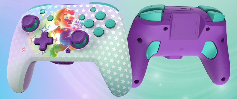 Kontroler TURTLE BEACH Nintendo Switch Rematch Invincible Mario Fioletowo-turkusowy prezentacja kontrolera od przodu i od tyłu na pastelowym tle bezprzewodowy kontroler, pełna kontrola, wyróżniający się design swoboda wygoda