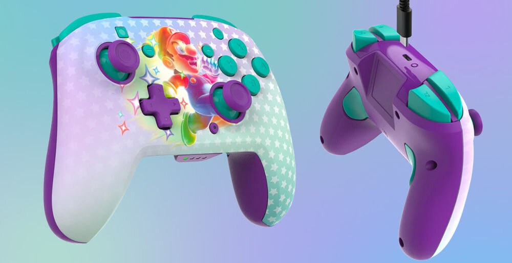 Kontroler TURTLE BEACH Nintendo Switch Rematch Invincible Mario Fioletowo-turkusowy prezentacja pada od przodu pod kątem i od tyłu pod kątem na pastelowym tle komfort rozrywki płynna i satysfakcjonująca gra system odwzorowuje ruchy