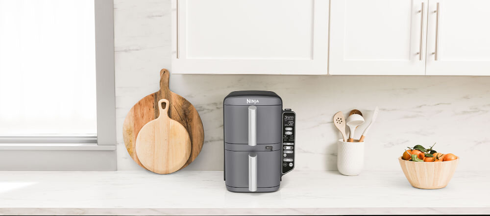 Frytkownica beztłuszczowa NINJA SL451EU Air Fryer Smukła konstrukcja pojemnośc waga możliwości wysokość dwie szuflady kurczak możliwości porządek