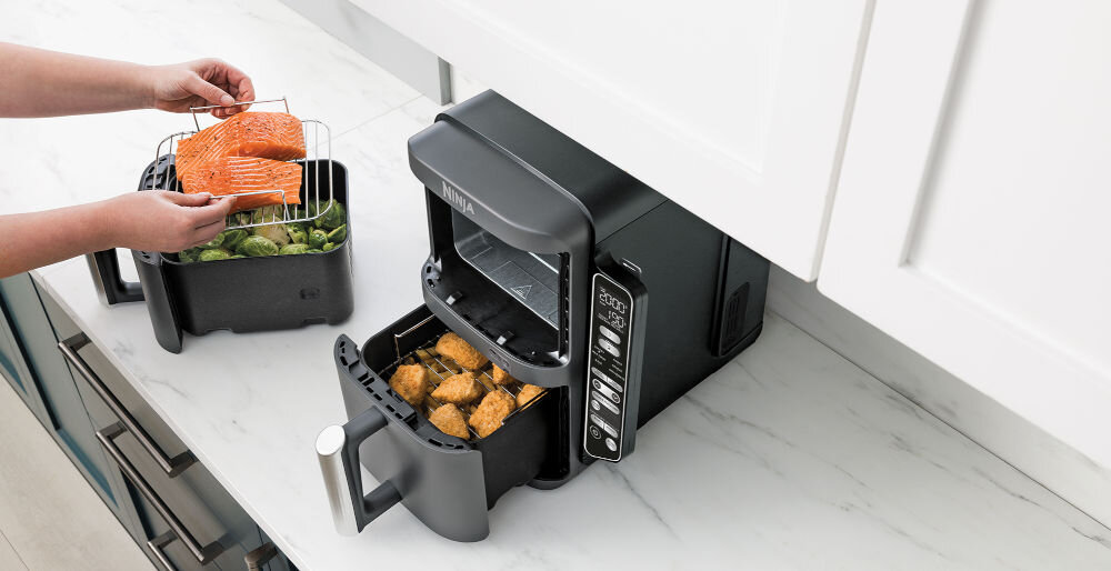 Frytkownica beztłuszczowa NINJA SL451EU Air Fryer Technologia DOUBLESTACK sterowanie ustawienia parametry montaż kratka gorące powietrze potrawy