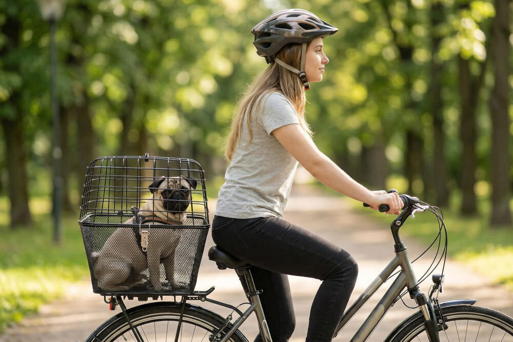 Koszyk na rower S-LINE dla zwierząt VKS602 Młoda kobieta w kasku rowerowym jadąca rowerem po parkowej ścieżce, z mopsikiem w czarnym koszu wiklinowym zamontowanym na tylnym bagażniku.