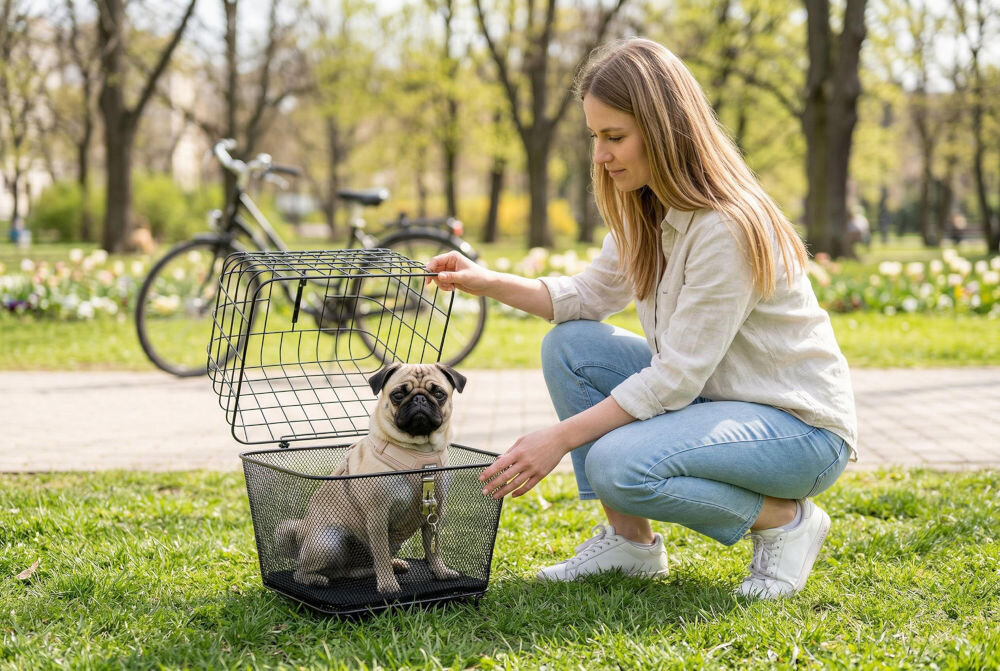 Koszyk na rower S-LINE dla zwierząt VKS602 Młoda kobieta klęcząca obok czarnego koszyka rowerowego z mopsem w środku, otwierająca jego pokrywę. W tle widać zaparkowany rower i kwiaty na trawniku.