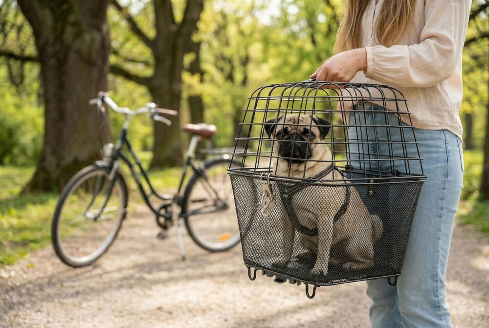 Koszyk na rower S-LINE dla zwierząt VKS602 Kobieta trzymająca czarny koszyk rowerowy z mopsem w środku, na ścieżce parkowej. W tle widać zaparkowany rower.