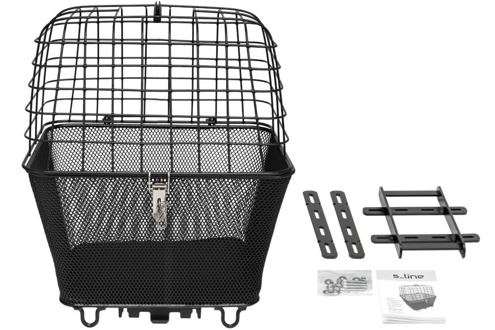 Koszyk na rower S-LINE dla zwierząt VKS602 Czarny koszyk rowerowy na białym tle, z akcesoriami montażowymi i instrukcją obsługi.