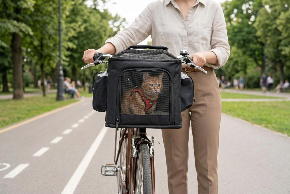 Torba rowerowa na bagażnik S-LINE dla kotów i psów VKS601 Torba transportowa na rower dla kota lub psa marki S-Line zamontowana na kierownicy roweru z kotem wewnątrz.