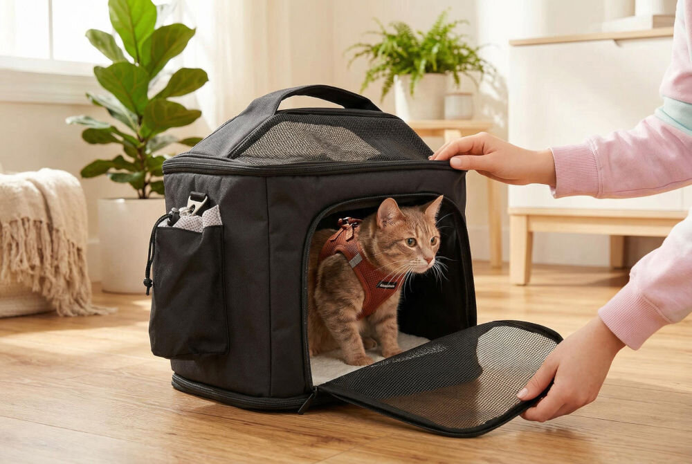 Torba rowerowa na bagażnik S-LINE dla kotów i psów VKS601 Kot wychodzący z czarnej torby transportowej S-Line z siatkowym okienkiem i odpiętym przednim panelem.