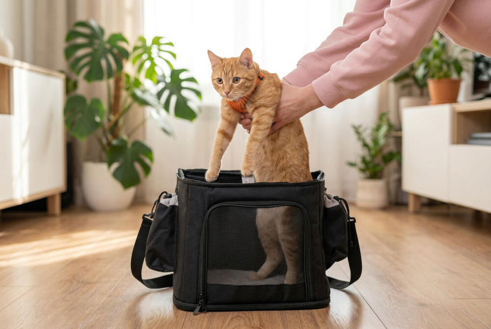 Torba rowerowa na bagażnik S-LINE dla kotów i psów VKS601 Osoba wkłada rudego kota do czarnej torby transportowej dla zwierząt z odpiętą górną klapą.