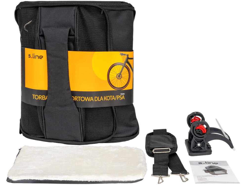 Torba rowerowa na bagażnik S-LINE dla kotów i psów VKS601 Czarna torba transportowa S-Line VKS601 w zestawie z miękką wyściółką, paskiem na ramię i uchwytem montażowym na rower.