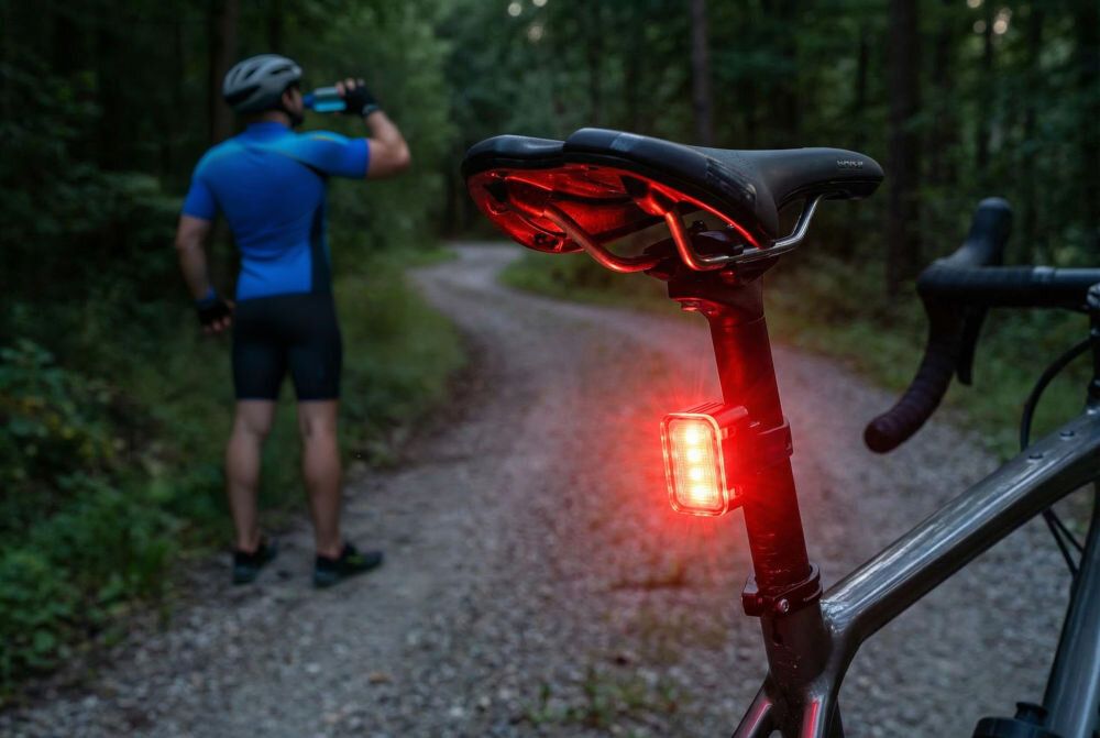 Lampka rowerowa S-LINE BL602 tryby świecenia intensywny umiarkowany delikatny SOS stroboskopowy 360 stopni do różnych warunków jazdy Czerwona lampka rowerowa zamontowana na sztycy pod siodełkiem roweru szosowego. W tle widać odpoczywającego rowerzystę na leśnej drodze. Światło lampki jest wyraźne i jaskrawe, co zwiększa widoczność na trasie.