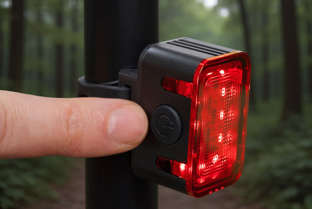 Lampka rowerowa S-LINE BL602 akumulator Li-Ion 3.7 V 500 mAh 1.85 Wh do codziennych dojazdów po zmroku Zbliżenie na palec naciskający przycisk zasilania w tylnej lampce rowerowej S-Line. Lampka jest zamontowana na czarnym wsporniku, a jej diody LED świecą przez czerwony, fakturowany klosz.