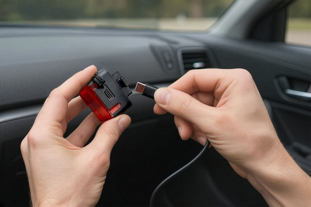 Lampka rowerowa S-LINE BL602 ładowanie USB-C 5 V 1 A czas ładowania do 3 h wygodne podłączanie do ładowarki lub powerbanka Ładowanie lampki rowerowej S-Line za pomocą kabla USB-C we wnętrzu samochodu. Dłonie trzymają kompaktowe urządzenie i wsuwają wtyczkę do portu ładowania ukrytego pod gumową uszczelką.