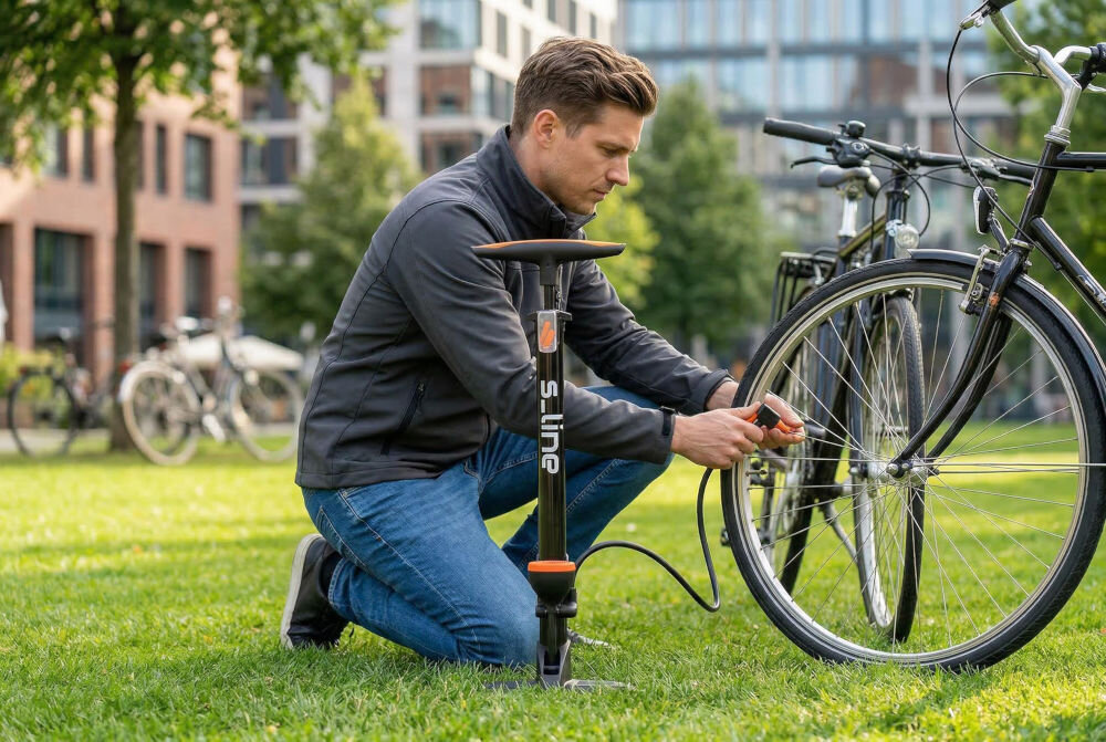 Pompka rowerowa S-LINE VPO403 Czarna podłogowa pompka rowerowa S-LINE VPO403 na białym tle. Urządzenie posiada szeroką podstawę, ergonomiczny uchwyt, wbudowany czytelny manometr oraz długi wężyk zakończony uniwersalną głowicą do wentyli.