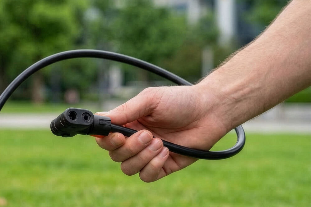 Pompka rowerowa S-LINE VPO403 Szczegółowe ujęcie uniwersalnej głowicy pompki S-LINE podłączonej do wentyla rowerowego. Głowica wyposażona jest w dźwignię blokującą, która gwarantuje szczelne połączenie i pasuje do różnych typów zaworów (Presta, Schrader, Dunlop).