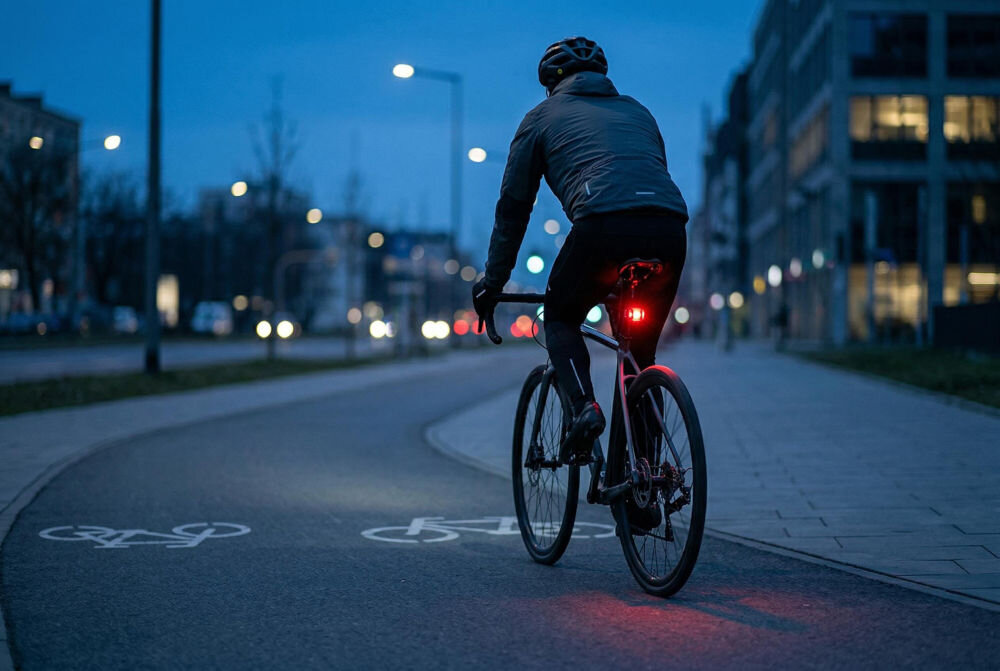 Zestaw lampek rowerowych S-LINE BL102 Rowerzysta jadący ścieżką rowerową po zmroku z włączoną czerwoną lampką tylną S-Line BL102 zamontowaną pod siodełkiem, poprawiającą widoczność na drodze.