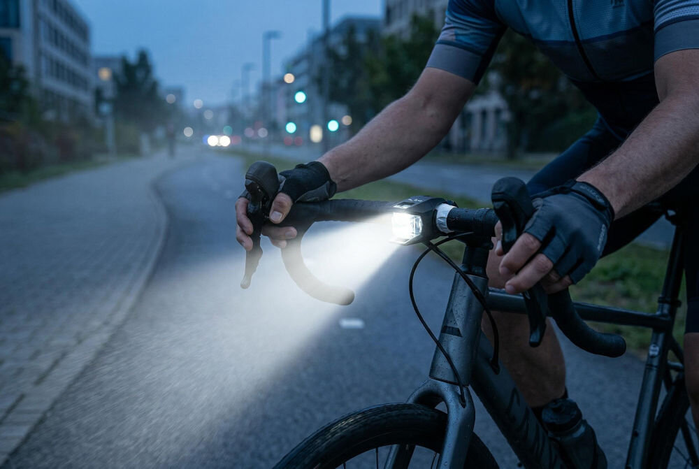 Zestaw lampek rowerowych S-LINE BL102 Zbliżenie na przednią lampkę rowerową S-Line BL102 zamontowaną na kierownicy, emitującą mocny strumień białego światła podczas jazdy wieczorem.