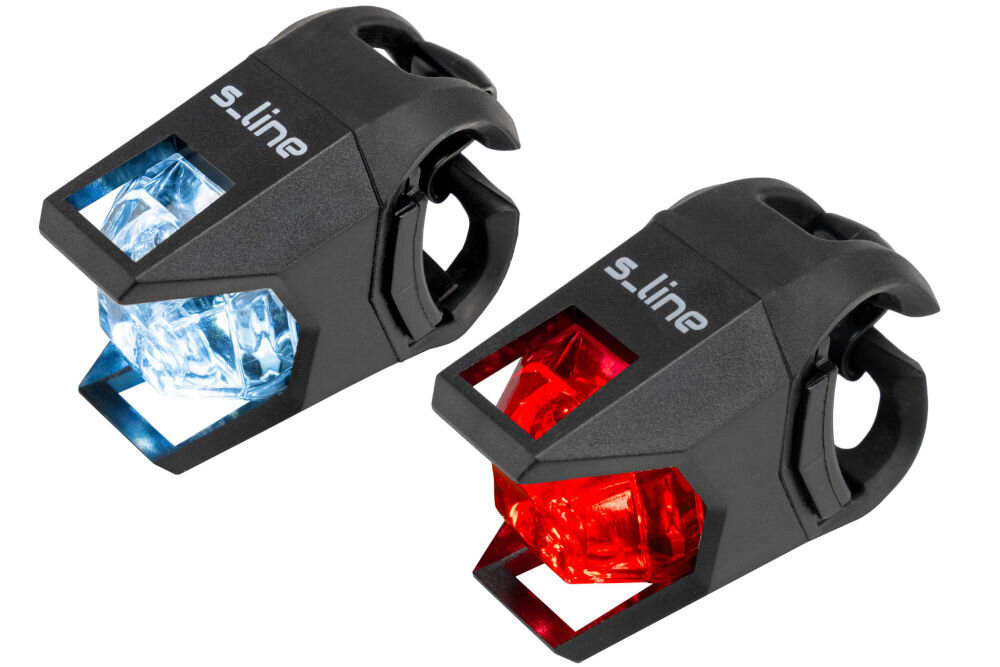 Zestaw lampek rowerowych S-LINE BL102 Zestaw dwóch kompaktowych lampek rowerowych S-Line: przednia z białym światłem LED oraz tylna z czerwonym światłem, obie w czarnych obudowach z gumowymi uchwytami.