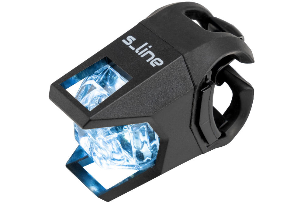 Zestaw lampek rowerowych S-LINE BL102 Przednia lampka rowerowa LED S-Line BL102 z bliska, prezentująca czarną obudowę, soczewkę emitującą białe światło oraz elastyczny zaczep do szybkiego montażu na kierownicy.
