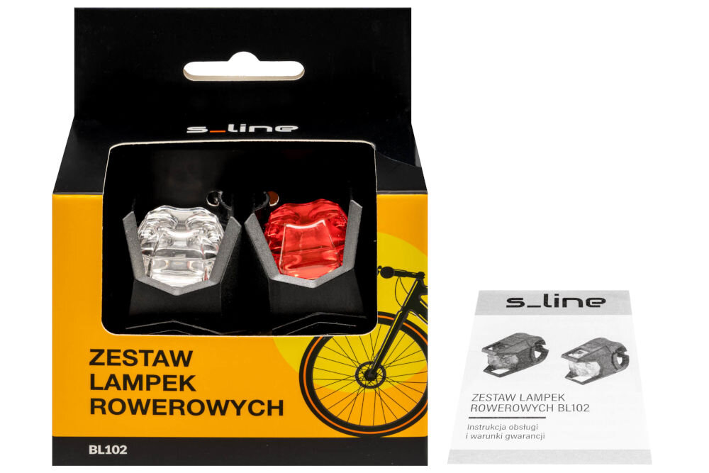 Zestaw lampek rowerowych S-LINE BL102 Oryginalne żółto-czarne opakowanie zestawu lampek rowerowych S-Line BL102 wraz z dołączoną papierową instrukcją obsługi i warunkami gwarancji.