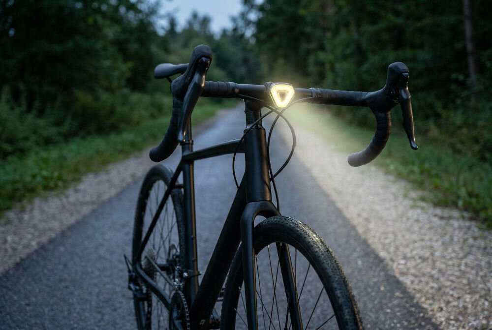 Zestaw lampek rowerowych S-LINE BL605 Zbliżenie na dłonie rowerzysty na kierownicy z zamontowaną przednią lampką rowerową S-LINE, która emituje silny strumień białego światła na leśną drogę.