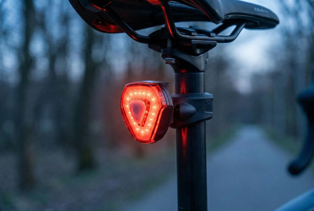 Zestaw lampek rowerowych S-LINE BL605 Rowerzysta jadący przez mglisty las na rowerze szosowym, oświetlający sobie trasę mocnym, białym światłem przedniej lampki S-LINE.