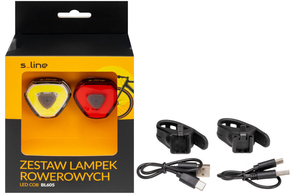 Zestaw lampek rowerowych S-LINE BL605 Zestaw lampek rowerowych S-LINE BL201 (przednia i tylna) w pomarańczowo-czarnym opakowaniu typu blister wraz z dołączoną instrukcją obsługi.