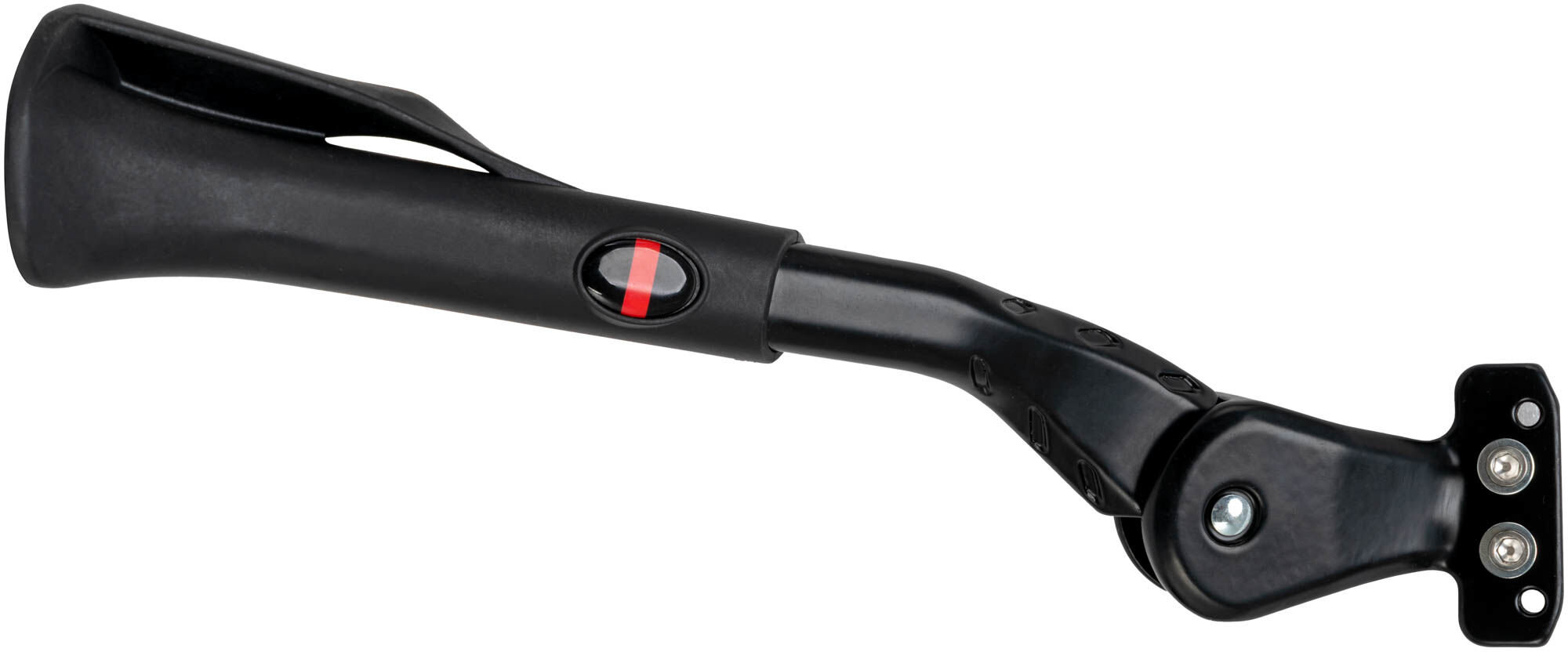 Stopka do roweru S-LINE VPD325 Widok z przodu na czarną stopkę rowerową S-Line VPD325. Produkt wykonany z wytrzymałego metalu i tworzywa, przeznaczony do montażu na tylne widełki ramy. W górnej części widoczny szeroki rozstaw śrub montażowych, a w dolnej masywne wykończenie stabilizujące rower.